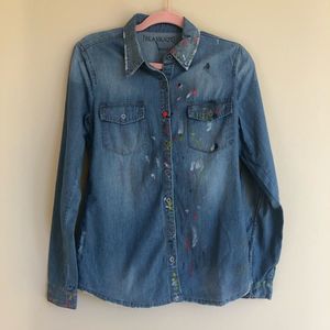 Blank NYC Semi Fitted Paint Splatter Button Down Denim Shirt